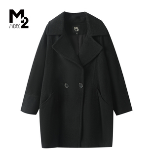 M2折扣店冬季宽松大码大翻领毛呢外套女中长款双排扣显瘦大衣
