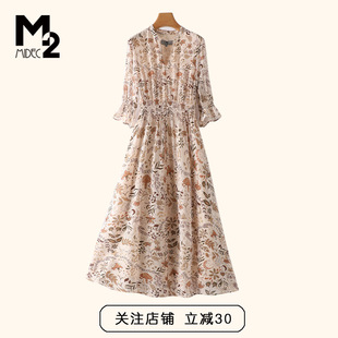 M2折扣店夏季 碎花雪纺天丝连衣裙 新款 仿真丝显瘦中年妈妈短袖