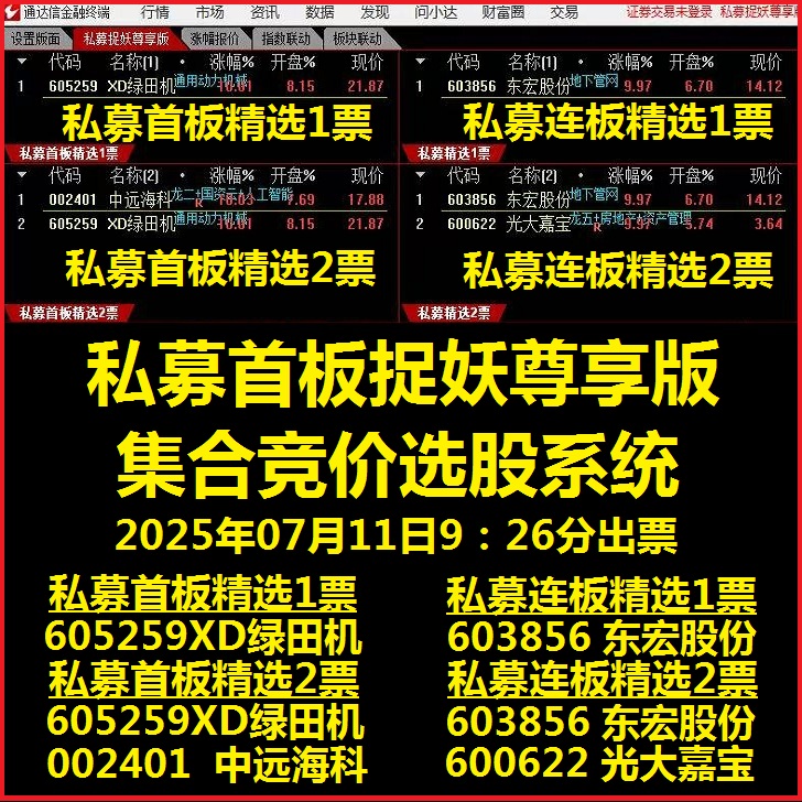 集合竞价私募首板精选1票连板妖股涨停打板热点板块强势选股系统
