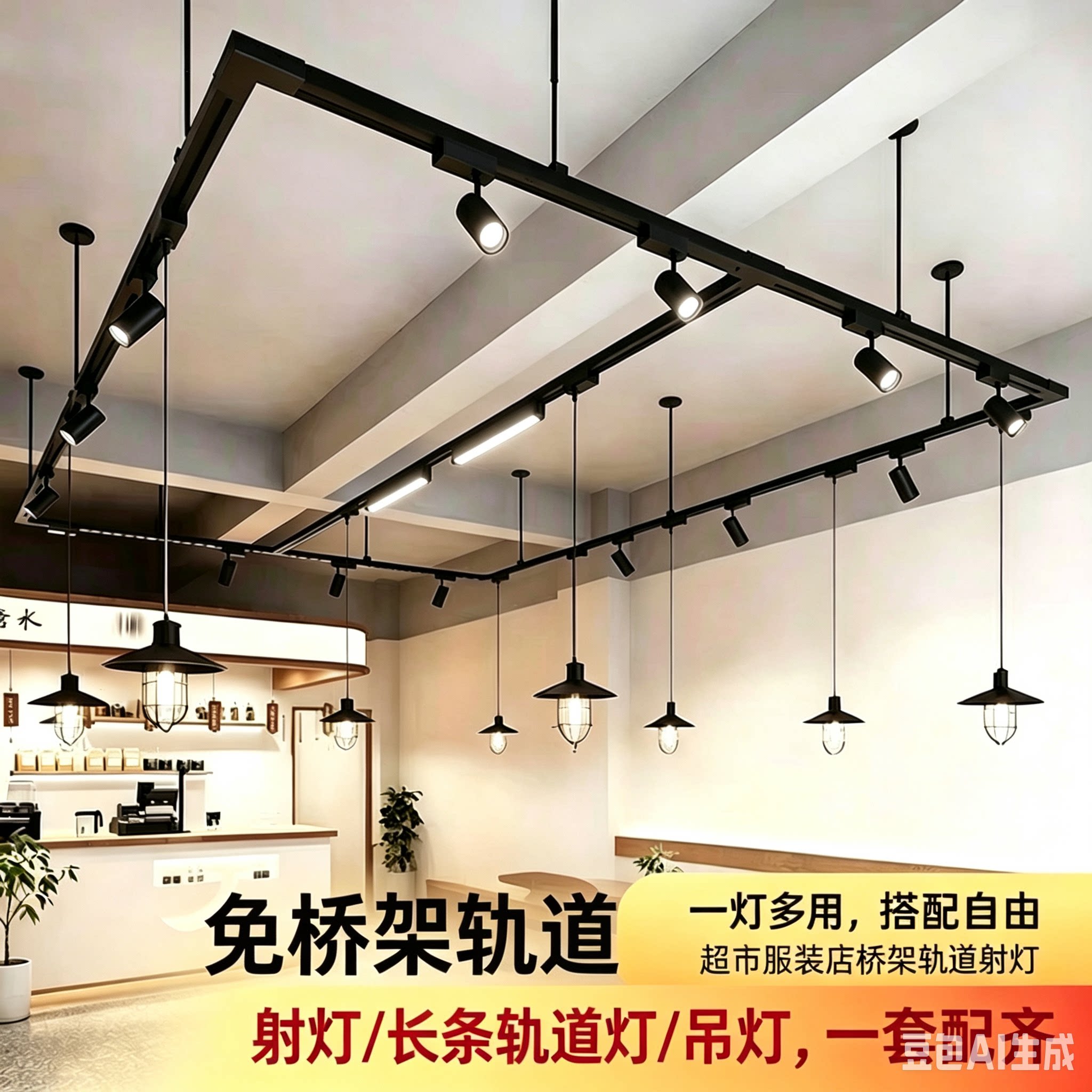 一体化桥架轨道条超市商用健身房服装店铺导轨式伸缩吊杆轨道悬挂
