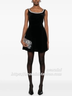 Nearnini秋冬新款水钻黑色丝绒天鹅绒背心裙连衣裙简约风格小黑裙