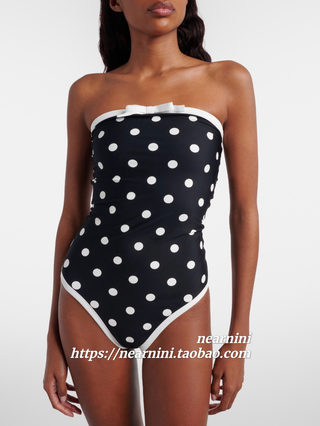 Nearnini法式复古波点蝴蝶结黑色白色连体泳衣分体比基尼
