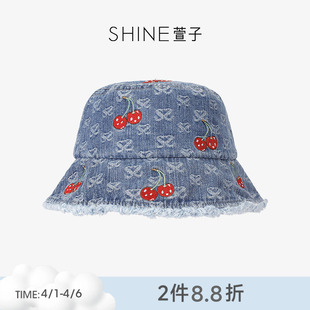 SHINE萱子饰品牛仔樱桃系列时髦印花渔夫帽可爱毛边大帽檐遮阳帽