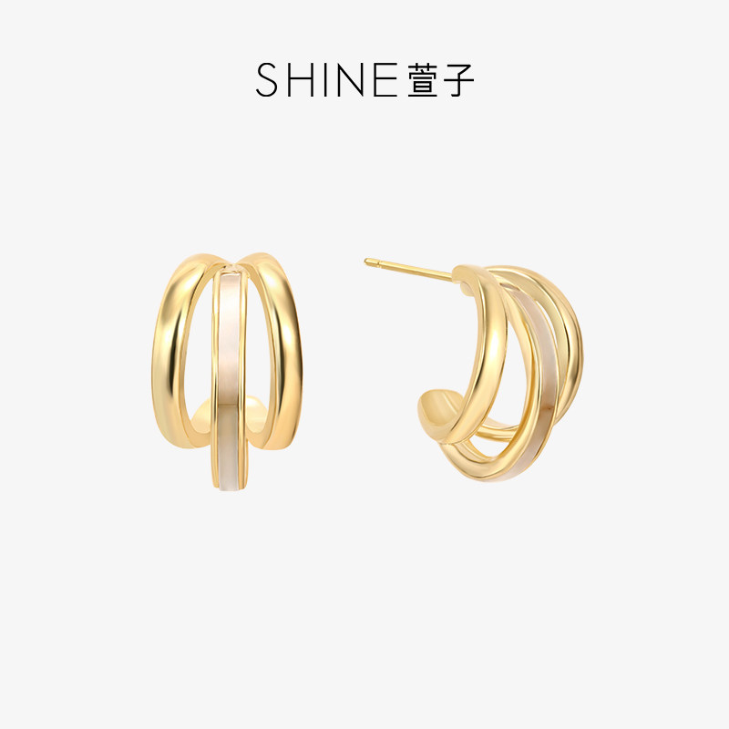 SHINE萱子饰品金色贝壳耳钉耳圈女C圈环设计感生日礼物早春配色