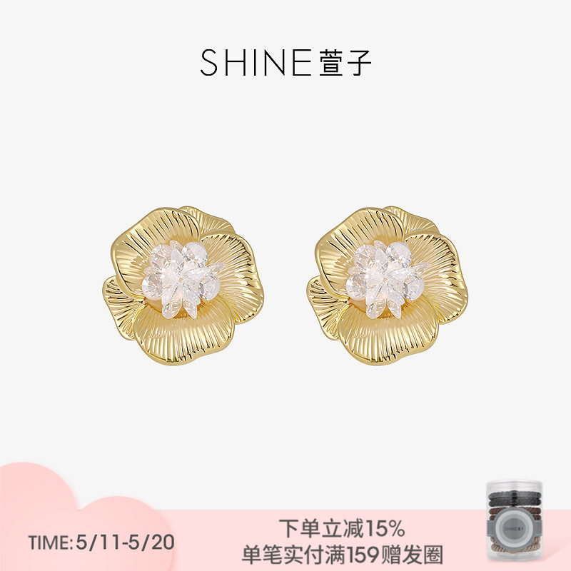 SHINE萱子饰品古法金吉祥系列奢华花朵耳环925银针耳钉早春配
