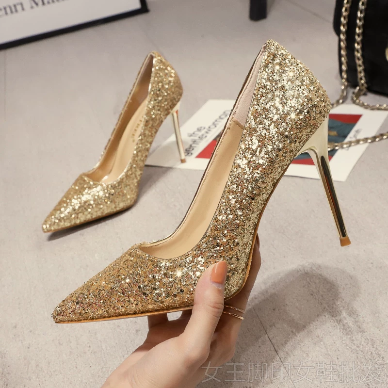 Golden wedding shoes with rhinestones, stiletto heels