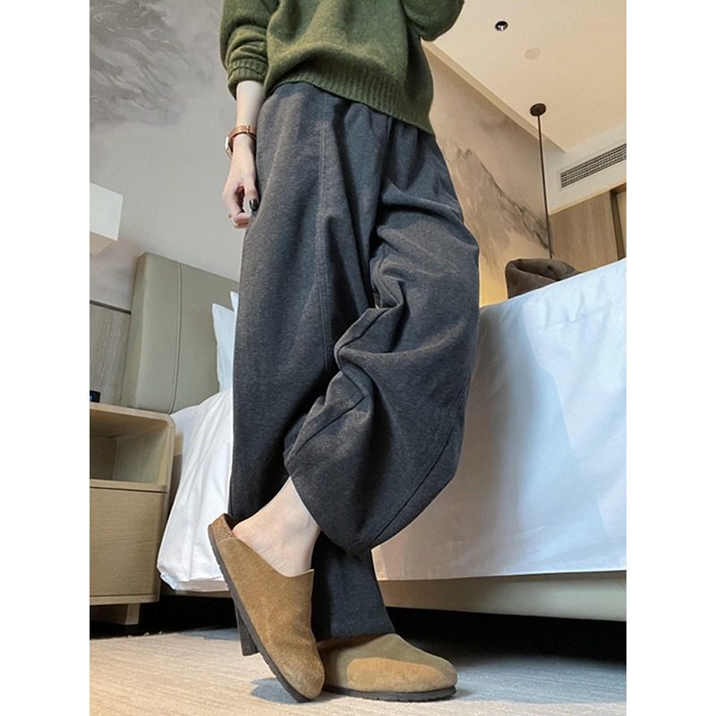灰色加厚毛呢阔腿裤女秋冬新款小个子休闲运动卫裤今年流行梧桐裤