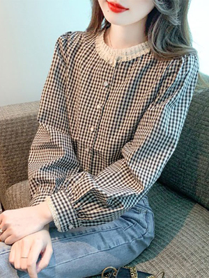 格子衬衫女2025夏季新款泡泡袖圆领叠穿内搭上衣蕾丝花边长袖衬衫