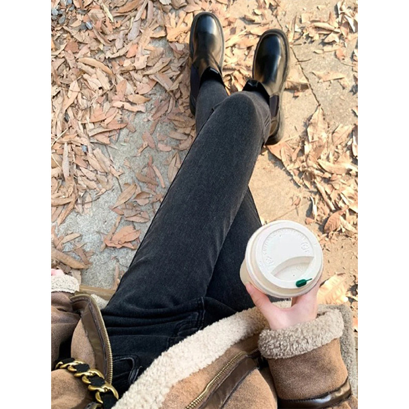 黑灰色加绒牛仔裤女士秋冬新款高腰小个子紧身显瘦修身弹力铅笔裤