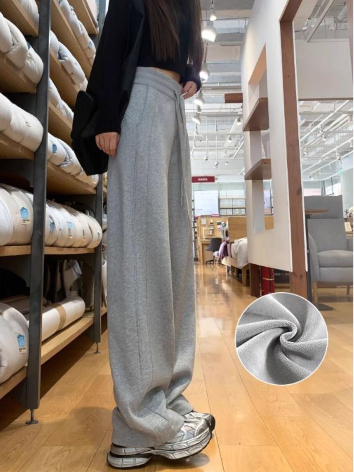 灰色直筒卫裤女士2025秋冬新款高腰垂感运动裤宽松显瘦窄版阔腿裤