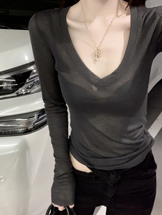 显瘦性感微透打底衫 薄款 休闲修身 T恤女士2024秋冬新款 上衣 V领长袖
