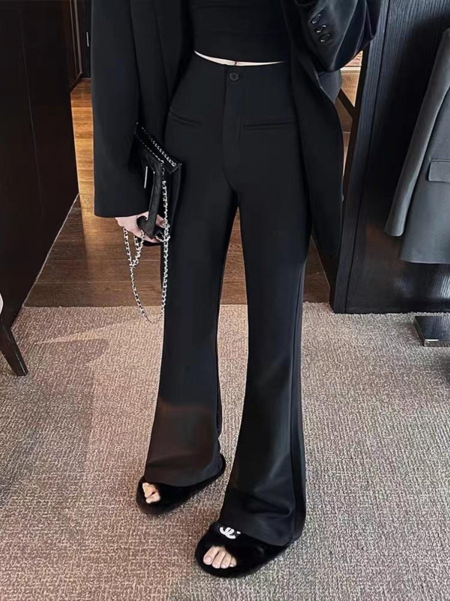 黑色喇叭裤女士春秋小个子百搭显瘦高腰垂感西装裤休闲拖地马蹄裤
