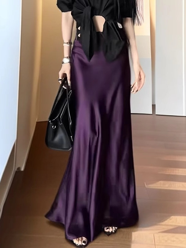 紫色缎面长裙2025年夏季女装新款高端轻成熟优雅褶皱抱臀鱼尾长裙,女装/女士精品,半身裙,淘宝优惠券,粉丝福利购,淘宝优惠卷