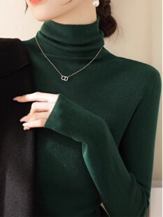 大衣内搭毛衣高领修身 新款 上衣 女2025秋季 墨绿色堆堆领针织打底衫
