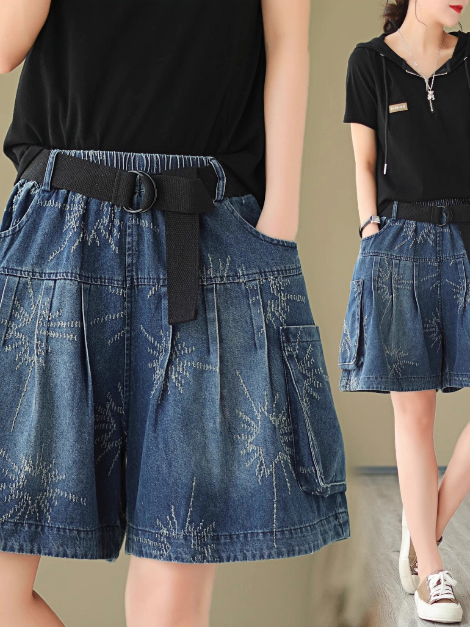 大码牛仔阔腿短裤女夏季洋气提花休闲裤裙宽松显瘦高腰五分裤中裤,女装/女士精品,牛仔裤,淘宝优惠券,粉丝福利购,淘宝优惠卷