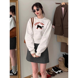 灰色印花圆领卫衣女2025秋冬新款 上衣 韩系慵懒风宽松通勤百搭长袖