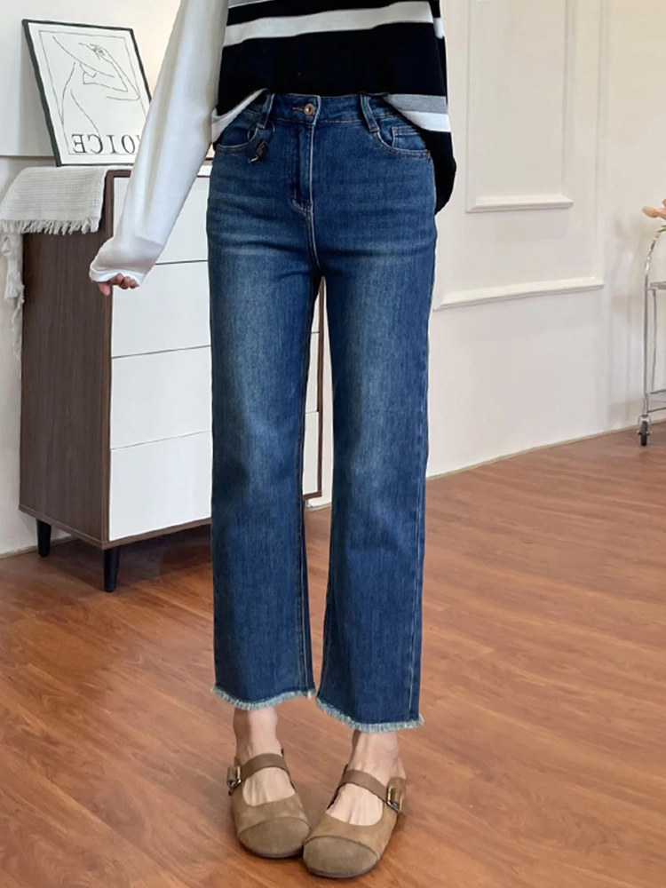 蓝色毛边直筒牛仔裤女士秋季胖mm高腰显瘦法棍裤小个子九分烟管裤