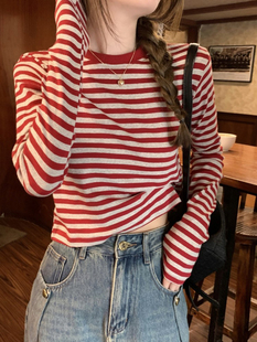 学院风覆古宽松显瘦百搭减龄打底上衣 t恤女秋季 红色短款 条纹长袖