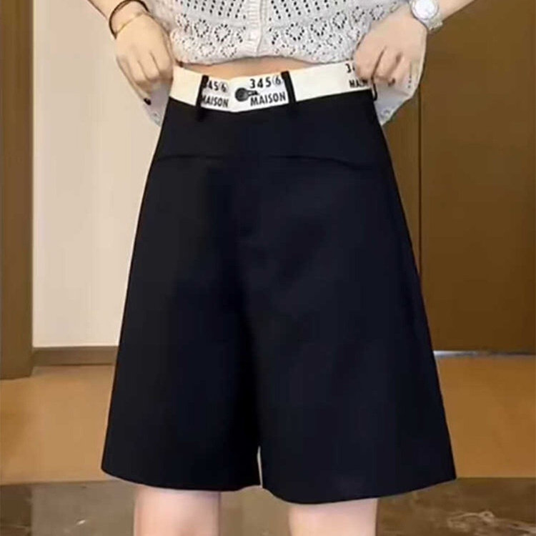 黑色西装短裤女士夏季薄款小个子大码宽松阔腿高腰直筒A字五分裤