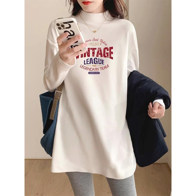 白色印花中长款半高领磨毛打底衫女冬季新款宽松叠穿配打底裤上衣