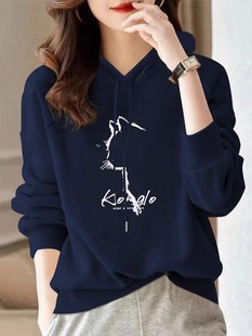 宝蓝色连帽卫衣女春秋款 上衣 简约宽松加绒加厚外套设计感印花帽衫