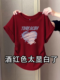 显瘦褶皱收腰体恤上衣 酒红色印花圆领短袖 T恤女2025新款 夏季 修身