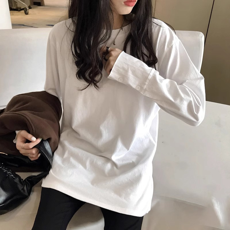 拉丝白色长袖女式t恤2025春秋季新款圆领底衬衫宽松中长上衣