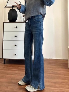 拖地喇叭裤 高腰开叉小个子显高大码 女士春秋新款 深蓝色微喇牛仔裤