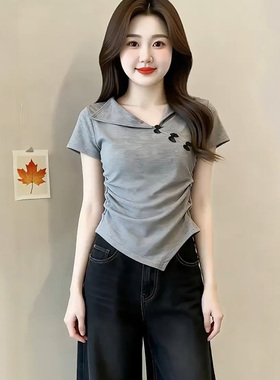 灰色翻领短袖T恤女士2026夏季新款设计感蝴蝶结褶皱收腰短0416k2