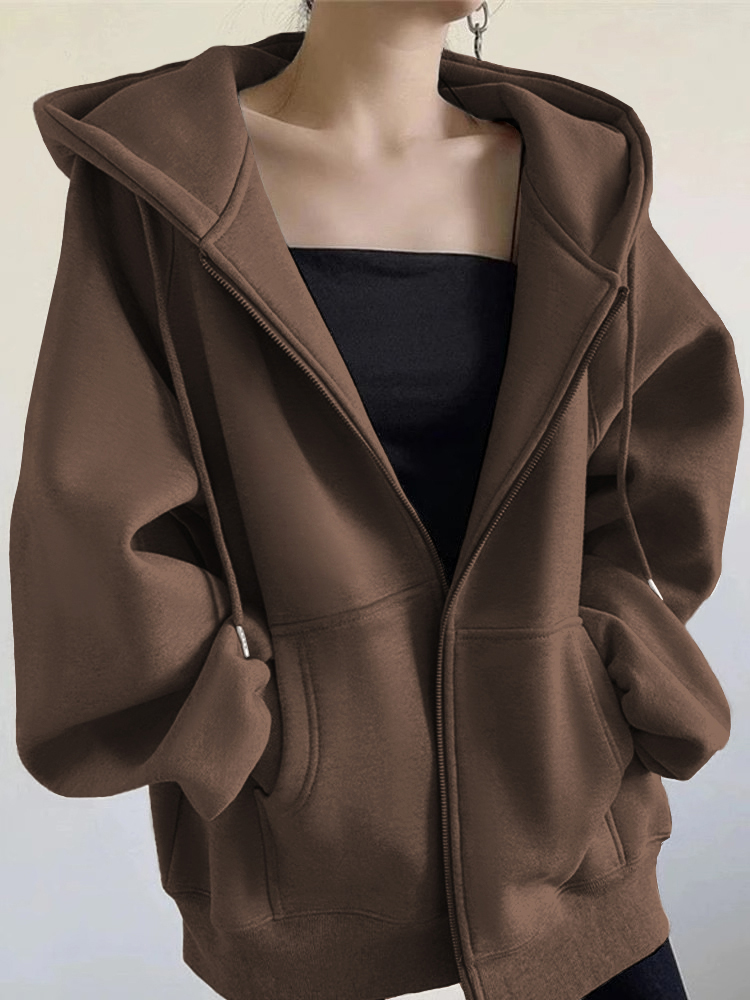 棕色开衫卫衣外套女士2024秋冬新款加绒加厚棒球服慵懒风连帽上衣