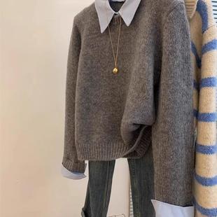 灰色假两件POLO衬衫领内搭毛衣女士春季慵懒风宽松打底衫针织上衣