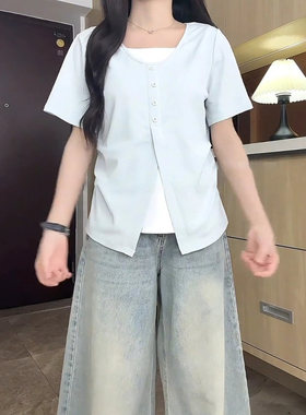 拼接假两件圆领短袖T恤女士2026夏季新款小清新宽松显瘦开0418e2