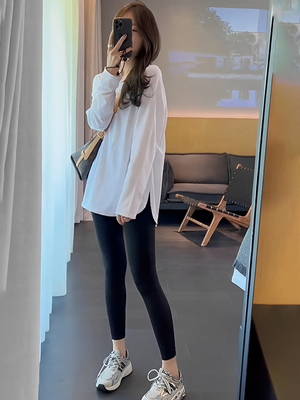 中长款纯棉长袖T恤女秋冬加绒加厚宽松遮屁股上衣白色开叉打底衫