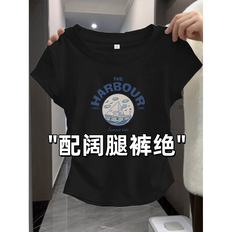 黑色印花短袖t恤女2025夏新款大码胖mm正肩上衣褶皱收腰显瘦体恤
