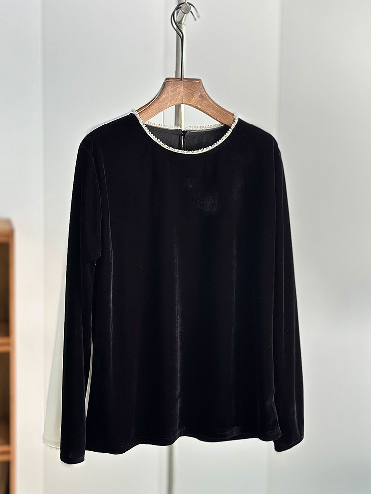 钉珠黑色金丝绒长袖T恤女秋季高级感法式气质宽松内搭打底衫上衣
