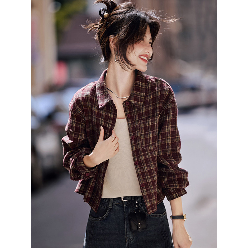 复古港味格子衬衫女2025秋冬新款设计感宽松休闲长袖衬衣外套上衣