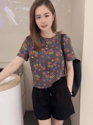 碎花短袖T恤女2024夏季新款复古圆领小众短上衣洋气甜美气质小衫