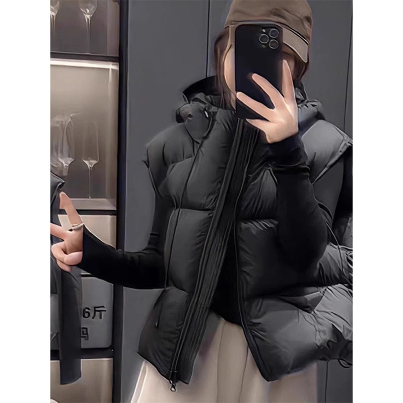 黑色连帽马甲外套女2025秋冬新款小个子宽松坎肩叠穿棉服马夹上衣