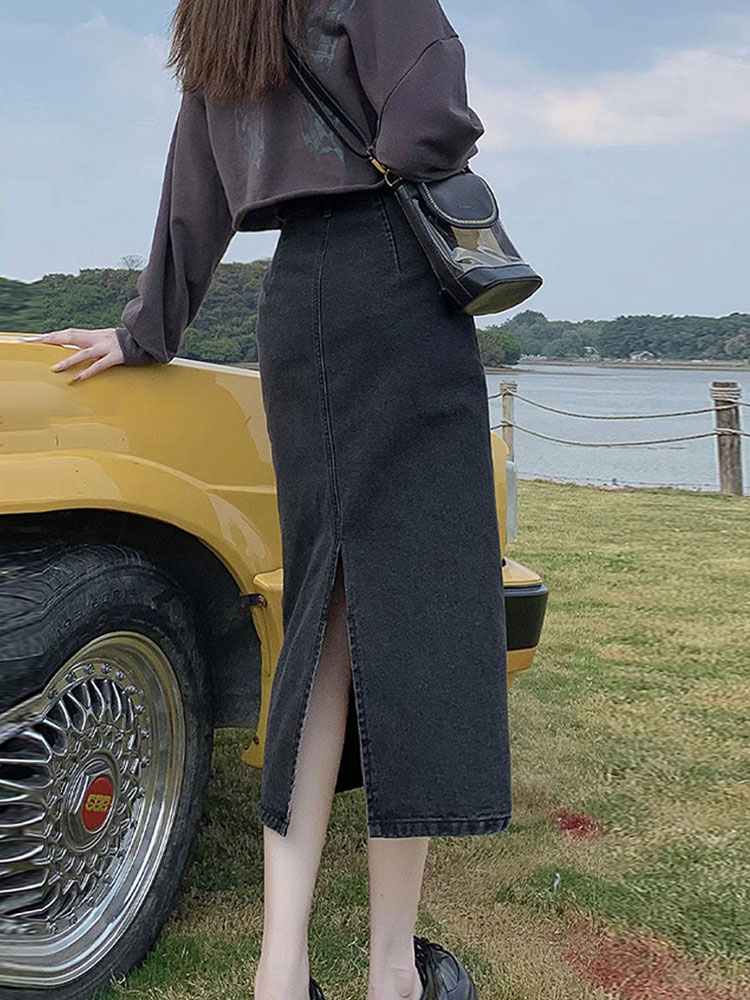 黑色牛仔半身裙女秋冬小个子高腰遮胯a字裙复古中长款开叉包臀裙