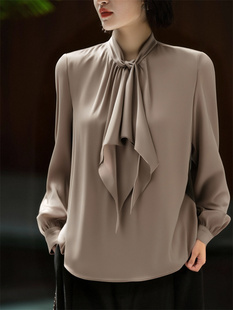 卡其色缎面飘带领衬衫女秋季新款法式高级感时尚洋气宽松长袖上衣