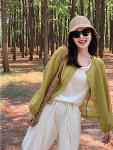 多巴胺穿搭小个子外搭开衫 新款 外套圆领上衣潮 女秋季 黄色防晒衬衫