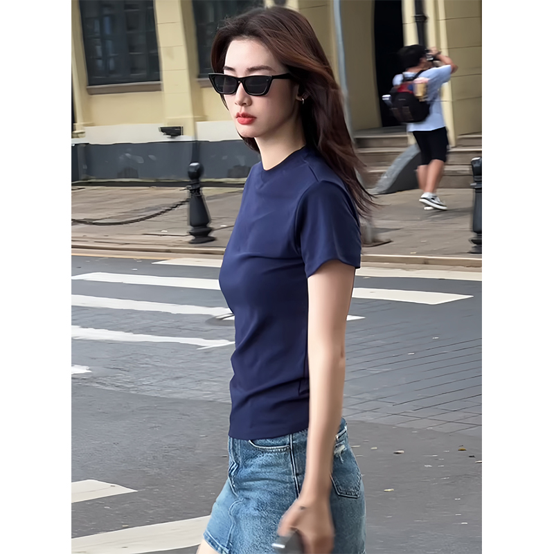 藏青色圆领短袖T恤女夏季爆款纯色简约修身显瘦正肩体恤半袖上衣