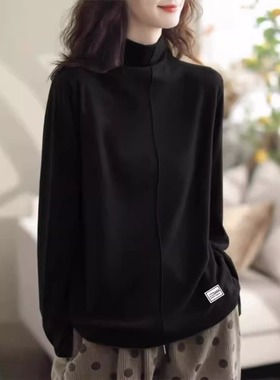 黑色半高领打底衫冬季新款休闲百搭慵懒风宽松显瘦长袖T恤上0115k