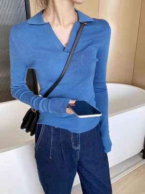 克莱因蓝polo领针织打底衫女2025早秋季新款修身内搭软糯毛衣上衣