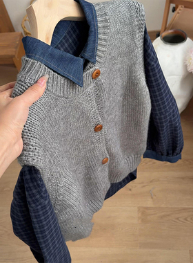 翻领格纹牛仔衬衫女士秋冬新款韩系叠穿外搭灰色针织马甲上衣套装