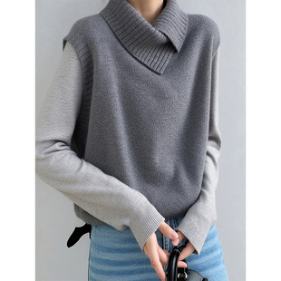 韩系灰色针织马甲女2025冬新款 毛衣背心外套 慵懒风宽松叠穿无袖