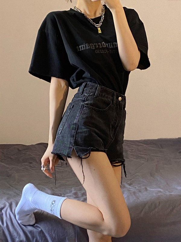 黑色毛边牛仔短裤女2025夏季新款大码胖MM宽松高腰A字阔腿热裤潮