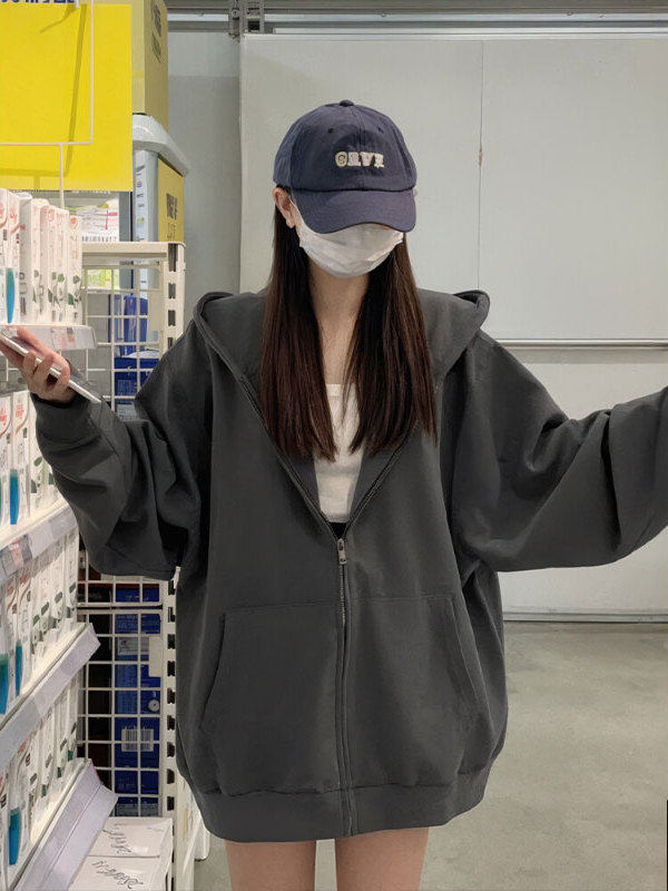 深灰色中长款连帽卫衣女秋季新款慵懒风宽松显瘦加绒拉炼开衫上衣