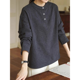 T恤上衣 百搭高级感显瘦长袖 深灰色圆领纽扣打底衫 女秋冬2025新款