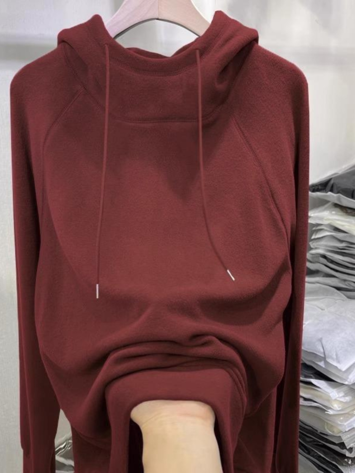 酒红色连帽运动衫为妇女春秋季新双面德国天鹅绒内宽松羊毛衬里加
